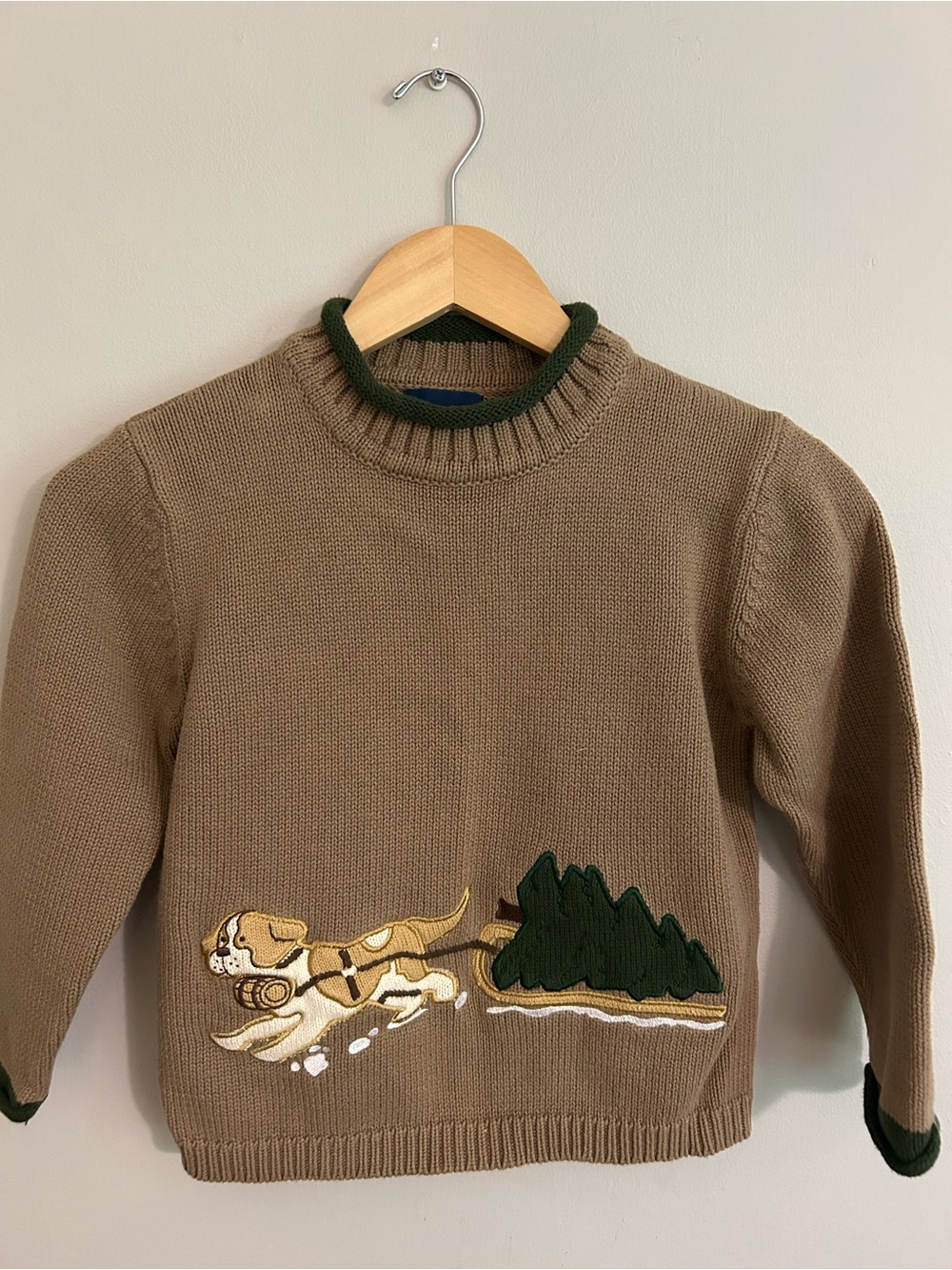 Kids Tan Crewneck Sweater with Dog & Forest Appliqué